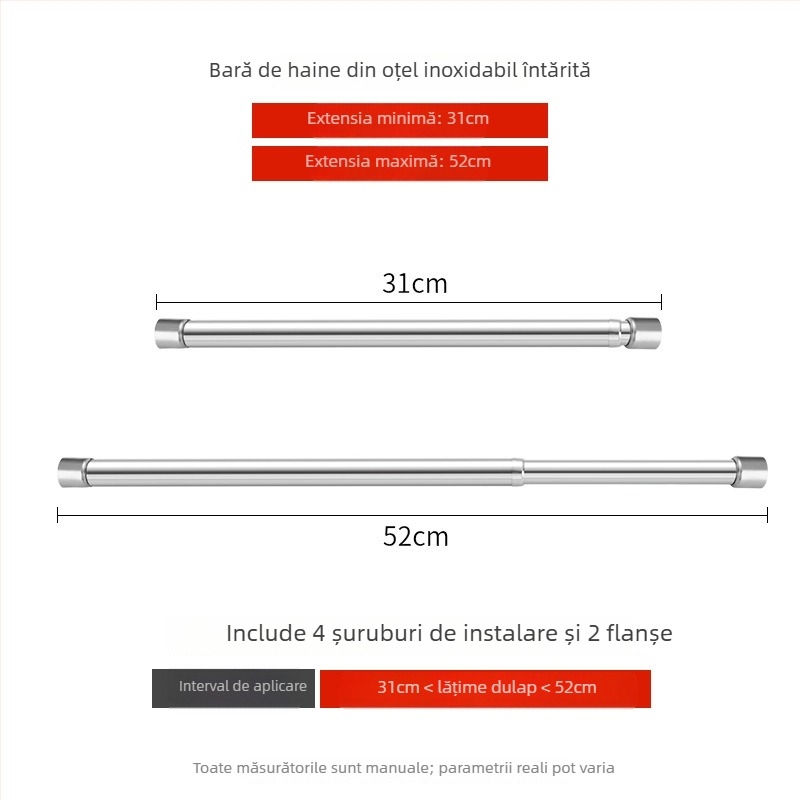 Bară telescopică din oțel inoxidabil pentru haine, pentru dulap, stil modern minimalist, finisaj lustruit
