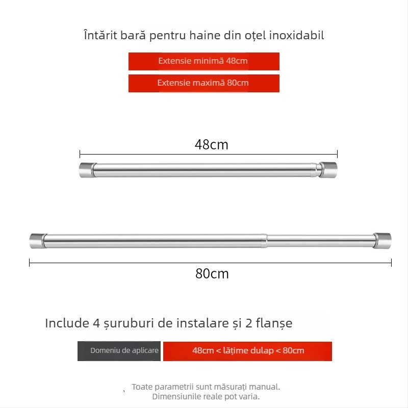 Bară telescopică din oțel inoxidabil pentru haine, pentru dulap, stil modern minimalist, finisaj lustruit