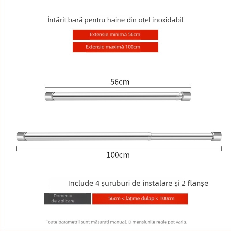 Bară telescopică din oțel inoxidabil pentru haine, pentru dulap, stil modern minimalist, finisaj lustruit