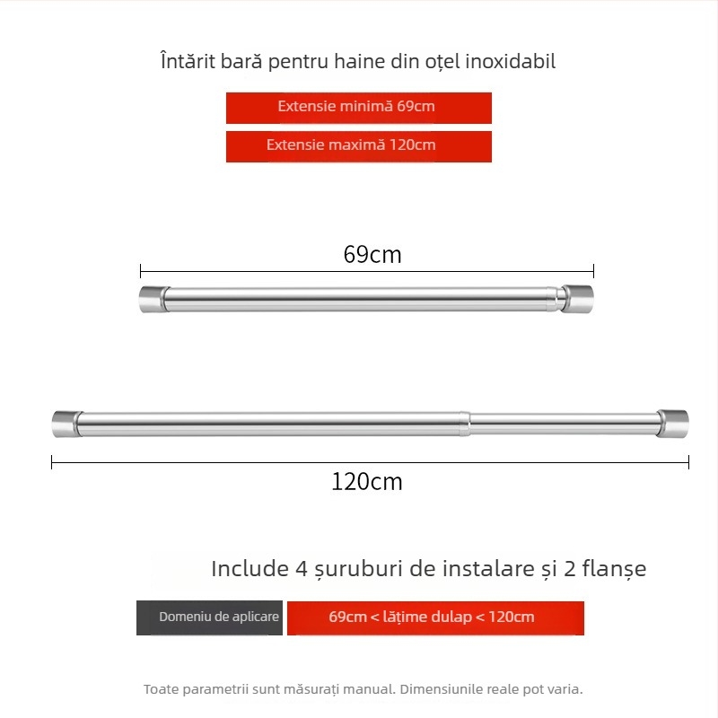 Bară telescopică din oțel inoxidabil pentru haine, pentru dulap, stil modern minimalist, finisaj lustruit