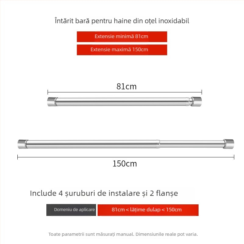 Bară telescopică din oțel inoxidabil pentru haine, pentru dulap, stil modern minimalist, finisaj lustruit