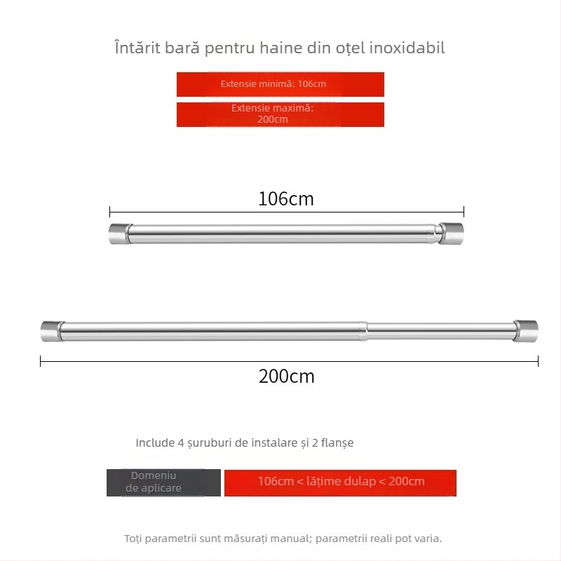 Bară telescopică din oțel inoxidabil pentru haine, pentru dulap, stil modern minimalist, finisaj lustruit
