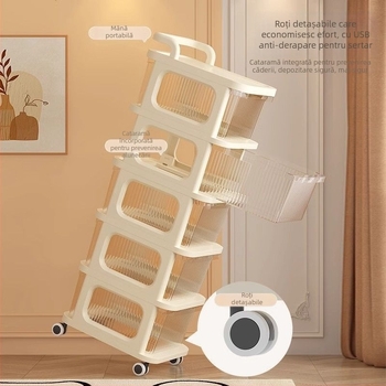 Raft plastic cu sertare pe role, 6 etaje, portabil, pentru podea, multifuncțional