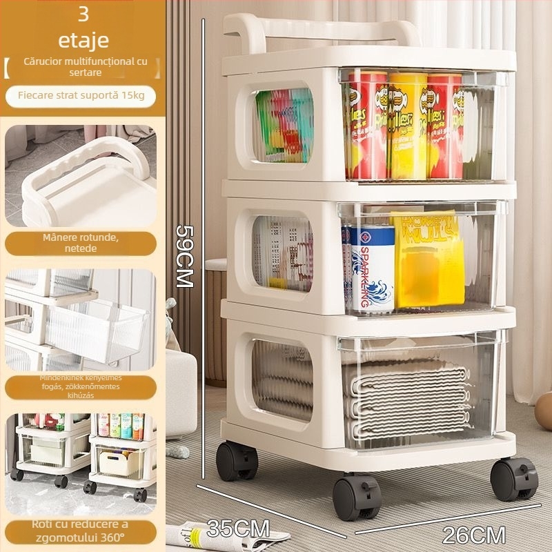 Raft plastic cu sertare pe role, 6 etaje, portabil, pentru podea, multifuncțional