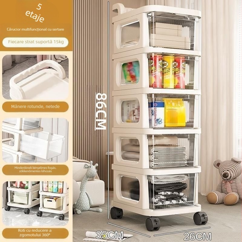 Raft plastic cu sertare pe role, 6 etaje, portabil, pentru podea, multifuncțional