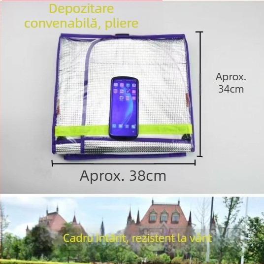 Protecție parbriz frontal pentru motocicletă electrică, membrană HD transparentă, material: folie de aluminiu + PVC, modelul 001, distanța dintre oglinzi până la 85 cm, protecție solară, pliabil