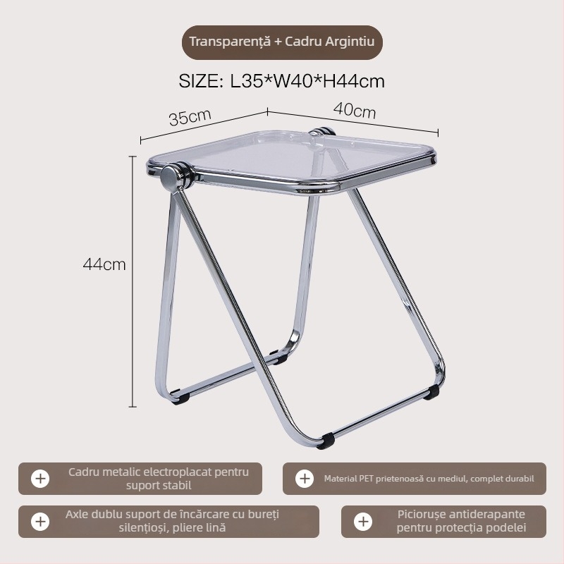 Măsuță laterală pliabilă din acril transparent cu cadru metalic, colțuri pătrate