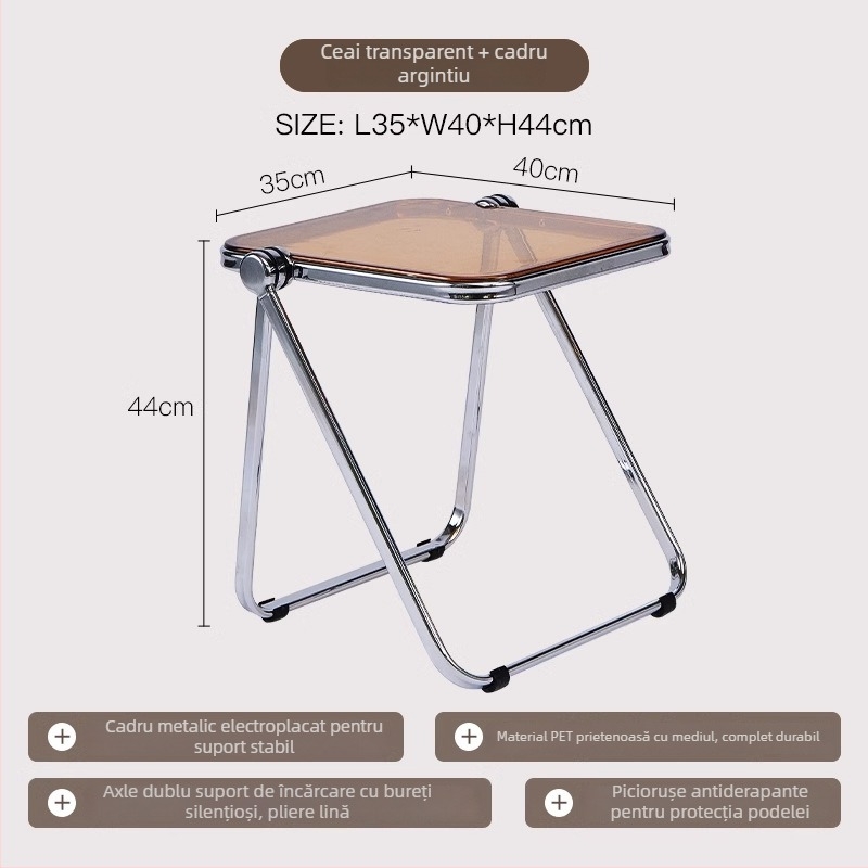 Măsuță laterală pliabilă din acril transparent cu cadru metalic, colțuri pătrate