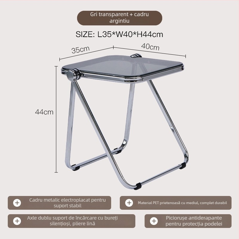 Măsuță laterală pliabilă din acril transparent cu cadru metalic, colțuri pătrate