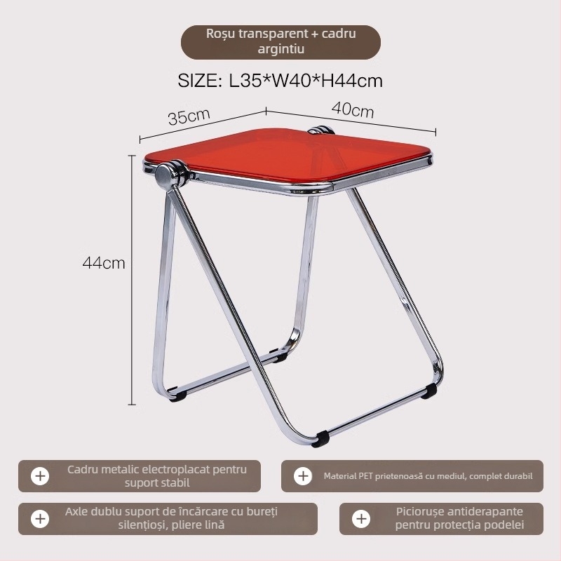 Măsuță laterală pliabilă din acril transparent cu cadru metalic, colțuri pătrate