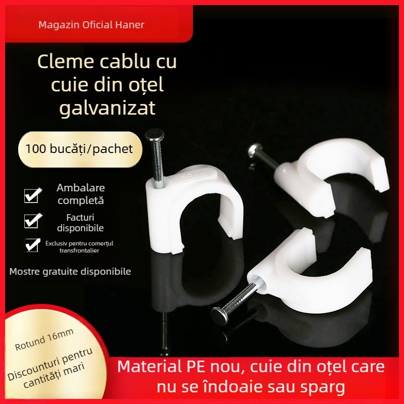 Clipuri pentru cabluri Haner cu cuie din oțel înalt-carbon în PE, pentru montaj în interior și fixarea cablurilor de alimentare, rețea și TV