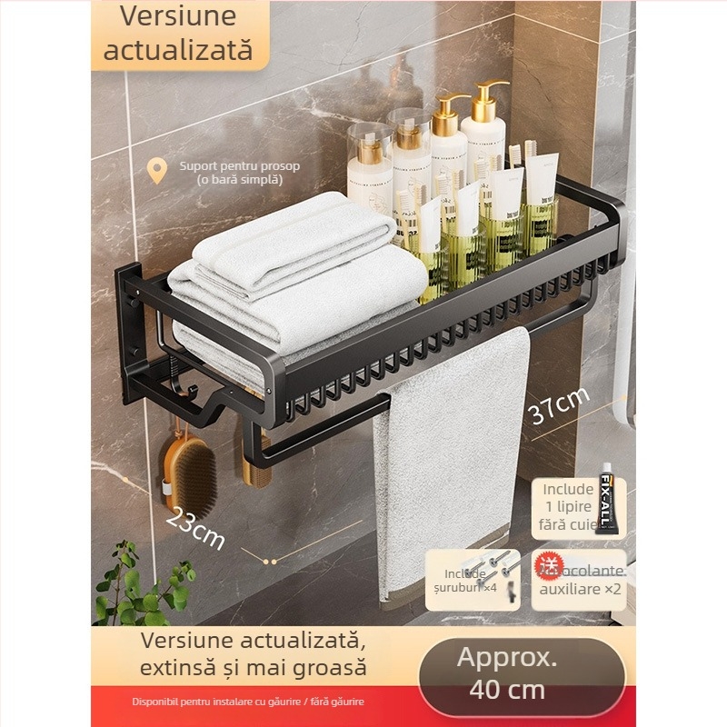 Suport pentru prosoape din aluminiu spațial – montaj fără găuri, set pentru baie, etajeră de depozitare