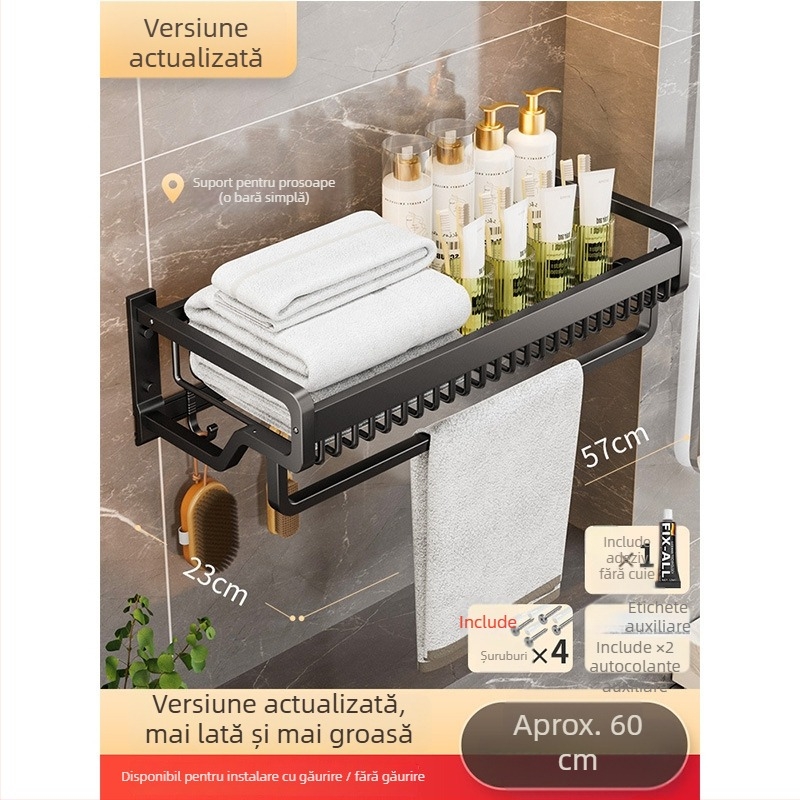 Suport pentru prosoape din aluminiu spațial – montaj fără găuri, set pentru baie, etajeră de depozitare