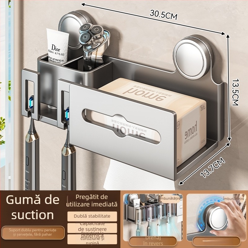 Suport pentru periuțe de dinți și cupe de gură, montaj pe perete, set din două piese (Brand Baihan, Material Aluminiu Spațial, Finisaj: Pulverizare Plastic, Stil: Simplitate Modernă)