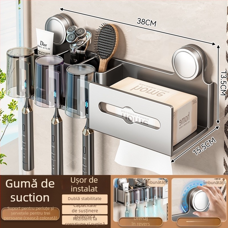 Suport pentru periuțe de dinți și cupe de gură, montaj pe perete, set din două piese (Brand Baihan, Material Aluminiu Spațial, Finisaj: Pulverizare Plastic, Stil: Simplitate Modernă)