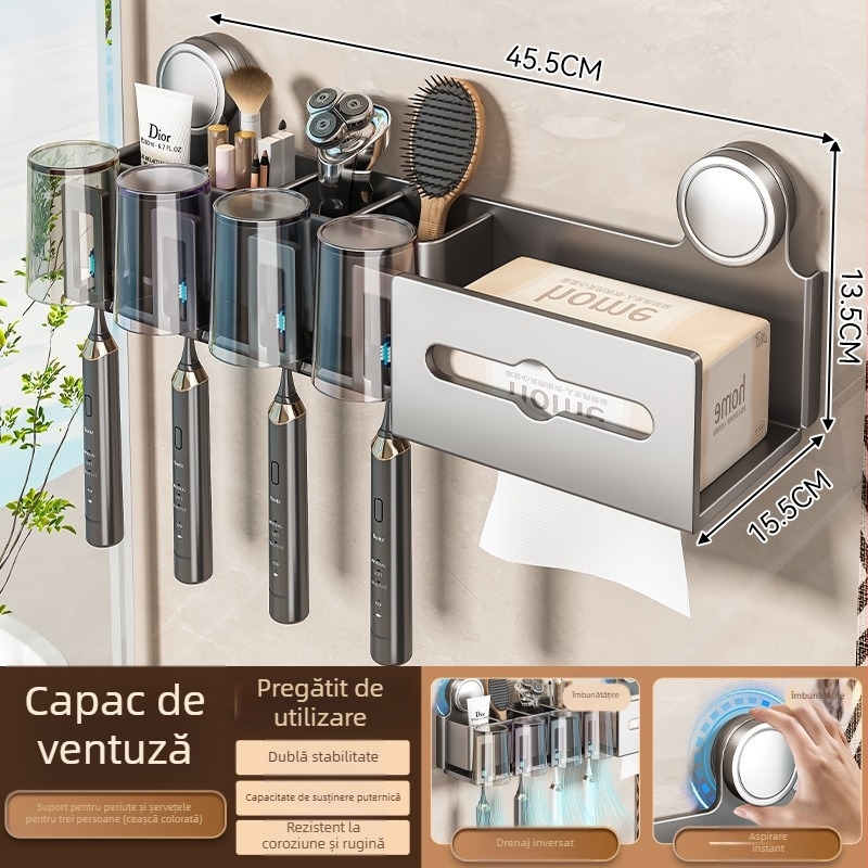 Suport pentru periuțe de dinți și cupe de gură, montaj pe perete, set din două piese (Brand Baihan, Material Aluminiu Spațial, Finisaj: Pulverizare Plastic, Stil: Simplitate Modernă)