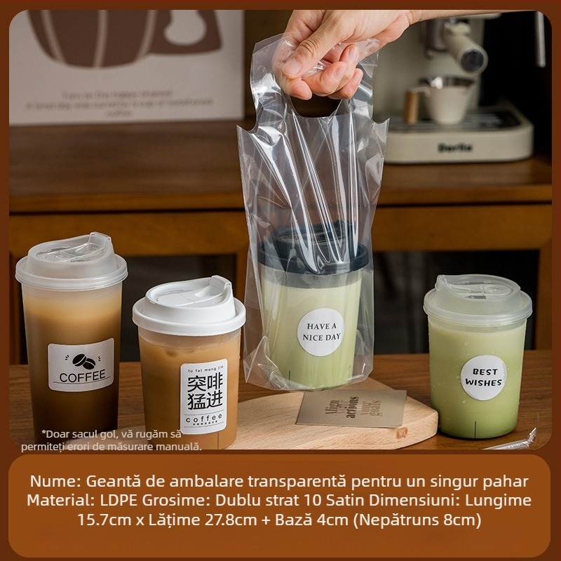 Sac de unică folosință pentru băuturi de take-out, pentru pahare simple sau duble, transparent, material poliester, ambalaj 50 de bucăți pentru fiecare tip de pahar, potrivit pentru ceai cu lapte, cafea, ceai de lămâie și ceai de fructe