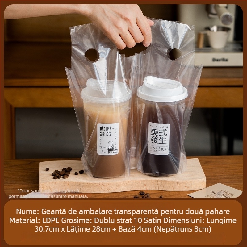 Sac de unică folosință pentru băuturi de take-out, pentru pahare simple sau duble, transparent, material poliester, ambalaj 50 de bucăți pentru fiecare tip de pahar, potrivit pentru ceai cu lapte, cafea, ceai de lămâie și ceai de fructe