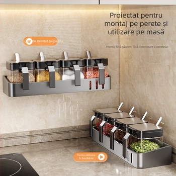 Set montat pe perete pentru condimente, din oțel inoxidabil, cu recipient pentru sare și borcane pentru condimente solide, lansat în 2024