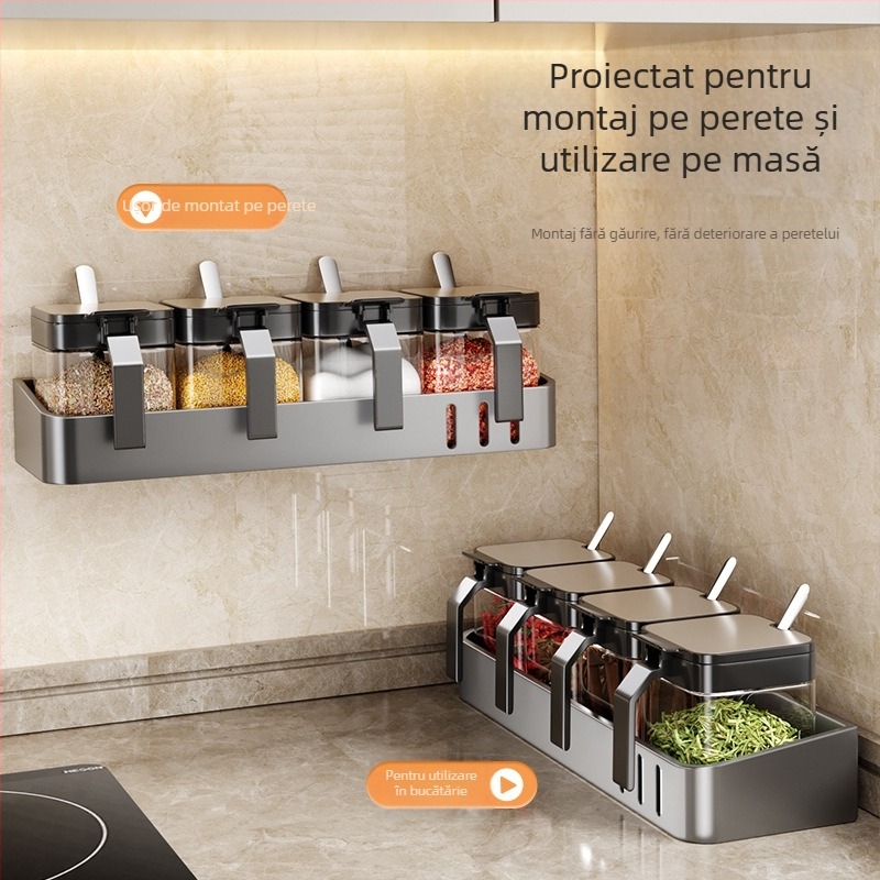 Set montat pe perete pentru condimente, din oțel inoxidabil, cu recipient pentru sare și borcane pentru condimente solide, lansat în 2024