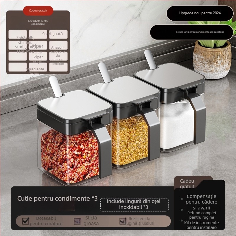 Set montat pe perete pentru condimente, din oțel inoxidabil, cu recipient pentru sare și borcane pentru condimente solide, lansat în 2024