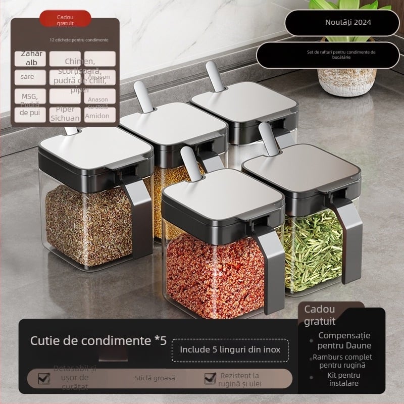Set montat pe perete pentru condimente, din oțel inoxidabil, cu recipient pentru sare și borcane pentru condimente solide, lansat în 2024