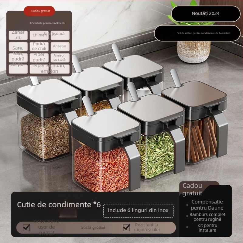 Set montat pe perete pentru condimente, din oțel inoxidabil, cu recipient pentru sare și borcane pentru condimente solide, lansat în 2024
