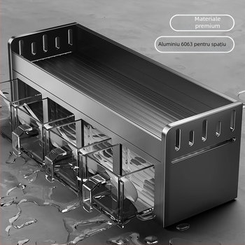 Raft pentru condimente, aluminiu, montat pe perete, fără găuri, organizator de bucătărie multifuncțional