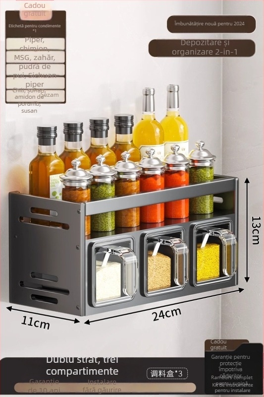Raft pentru condimente, aluminiu, montat pe perete, fără găuri, organizator de bucătărie multifuncțional