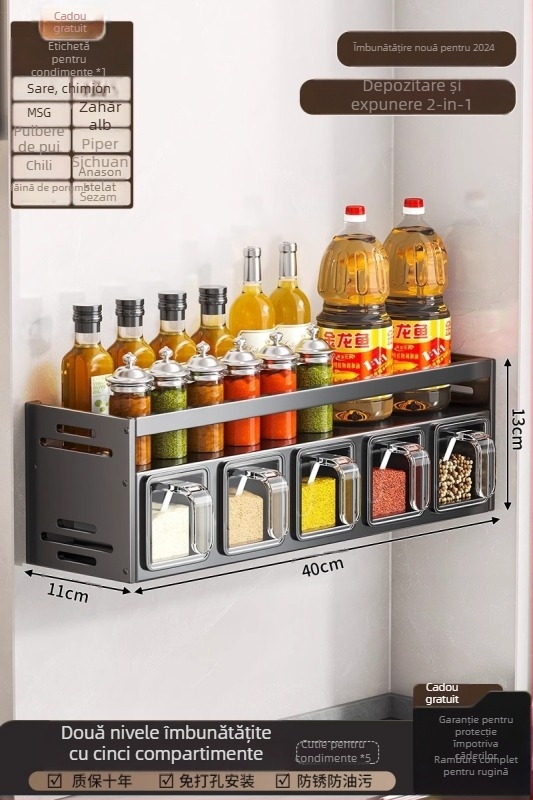 Raft pentru condimente, aluminiu, montat pe perete, fără găuri, organizator de bucătărie multifuncțional