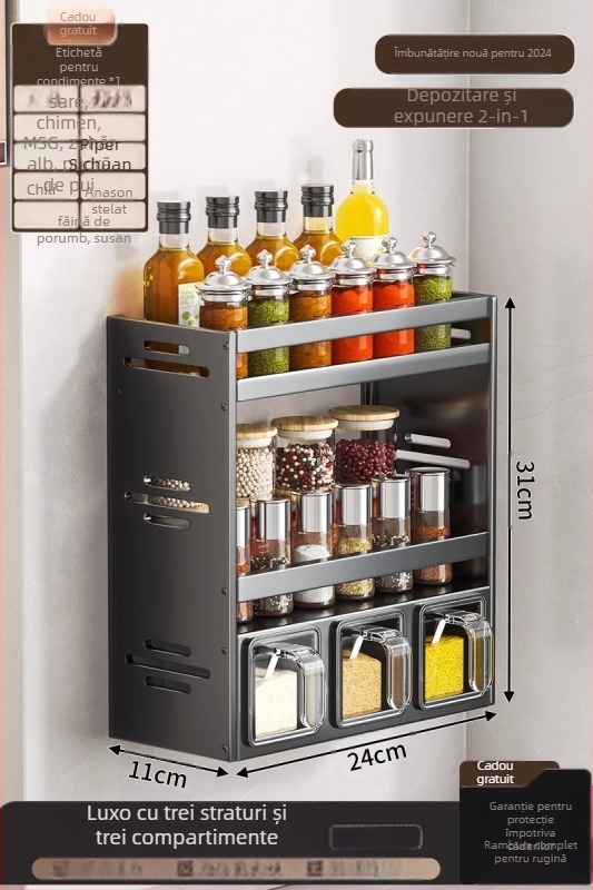 Raft pentru condimente, aluminiu, montat pe perete, fără găuri, organizator de bucătărie multifuncțional