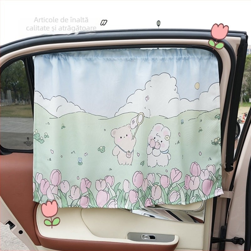 Parasolar auto din textil - model desen animat, montaj cu ventuză, pentru geamuri, modele generale