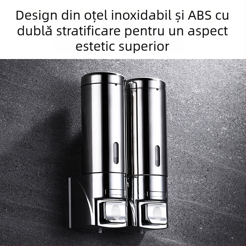 Dispenser de săpun montat pe perete, oțel inoxidabil și plastic, acționare prin apăsare, stil modern minimalist, finisaj lustruit