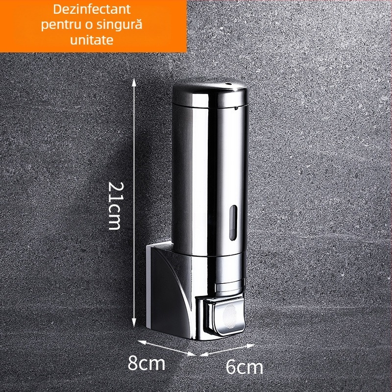 Dispenser de săpun montat pe perete, oțel inoxidabil și plastic, acționare prin apăsare, stil modern minimalist, finisaj lustruit