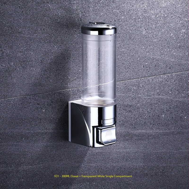 Dispenser de săpun montat pe perete, oțel inoxidabil și plastic, acționare prin apăsare, stil modern minimalist, finisaj lustruit