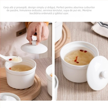 Recipient ceramic pentru baie de abur cu capac, pentru supe cu nest de pasăre și budincă de ou, ceramică pentru bucătărie hotelieră, stil minimalist chinezesc, lansat în 2024