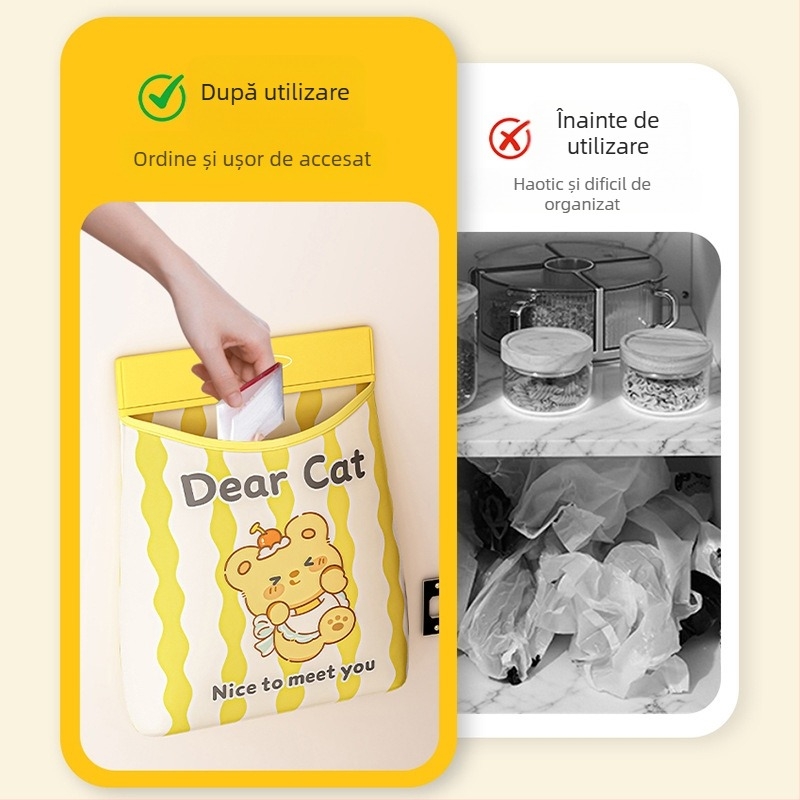Organizator de perete pentru pungile de gunoi, din poliester, capacitate mare, prindere Velcro, design desen animat, plasă țesută
