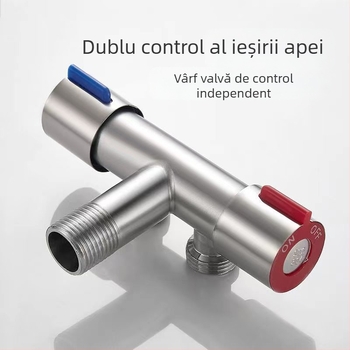 Valvă unghiulară cu trei căi, intrare una, două ieșiri; corp din oțel inoxidabil; diametru interior 20 mm; presiune de lucru 1 MPa; potrivită pentru baie și toaletă