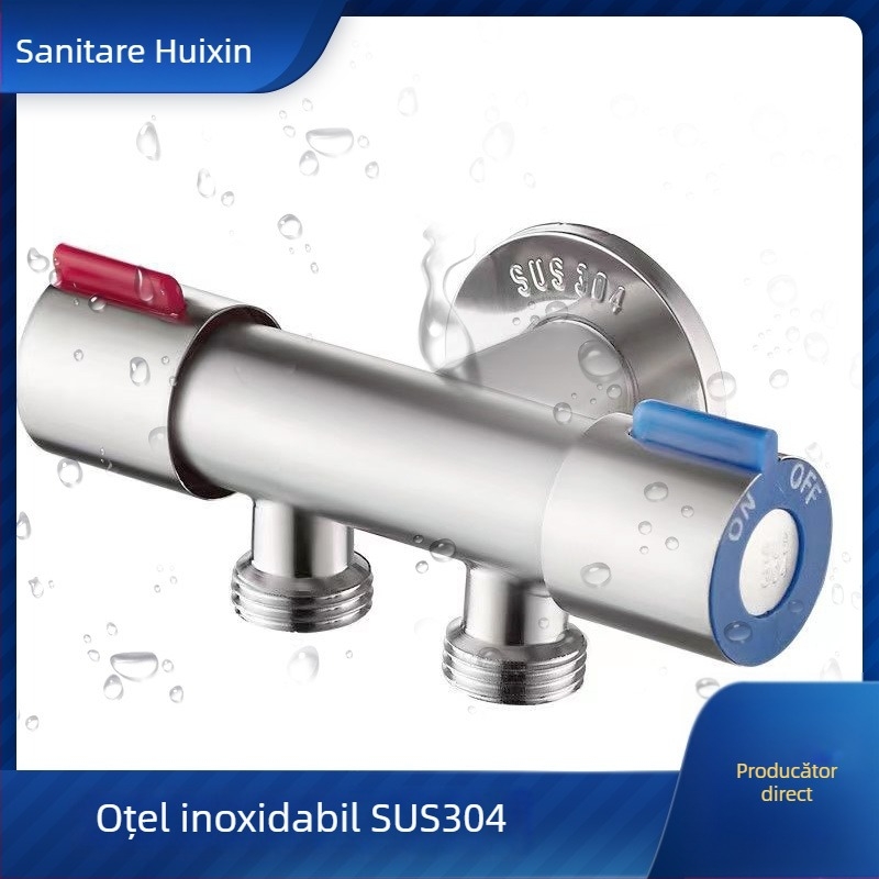 Valvă unghiulară cu trei căi, intrare una, două ieșiri; corp din oțel inoxidabil; diametru interior 20 mm; presiune de lucru 1 MPa; potrivită pentru baie și toaletă