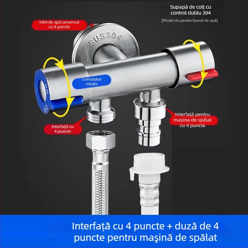 Valvă unghiulară cu trei căi, intrare una, două ieșiri; corp din oțel inoxidabil; diametru interior 20 mm; presiune de lucru 1 MPa; potrivită pentru baie și toaletă