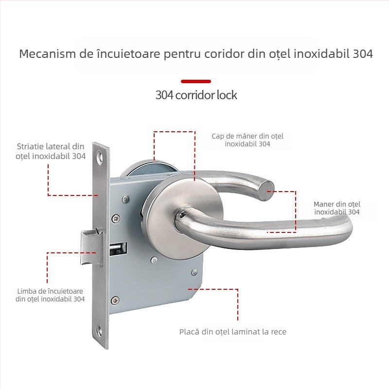Încuietoare cu mâner pentru ușa de culoar – pentru uși de incendiu și de acces, din aliaj de oțel inoxidabil, model Aisle lock, cheie, potrivită pentru școli și spitale