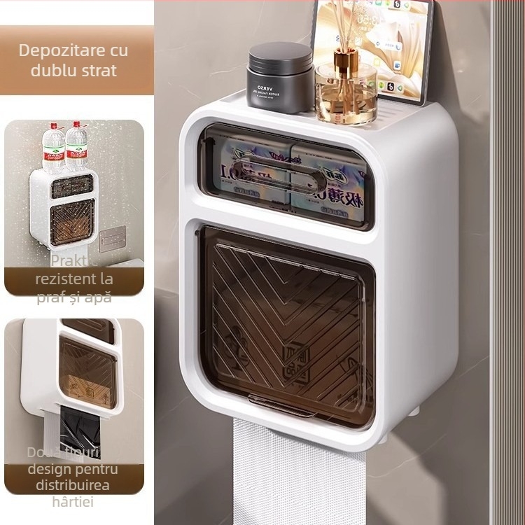 Cutie montată pe perete pentru hârtie igienică și suport pentru prosoape, din plastic, fără găuri, rezistent la apă, stil modern minimalist