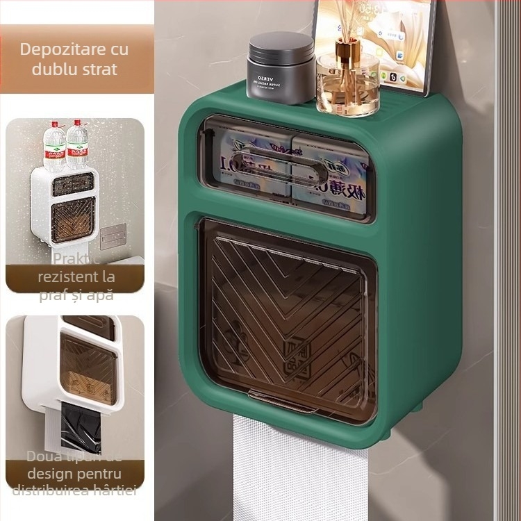 Cutie montată pe perete pentru hârtie igienică și suport pentru prosoape, din plastic, fără găuri, rezistent la apă, stil modern minimalist