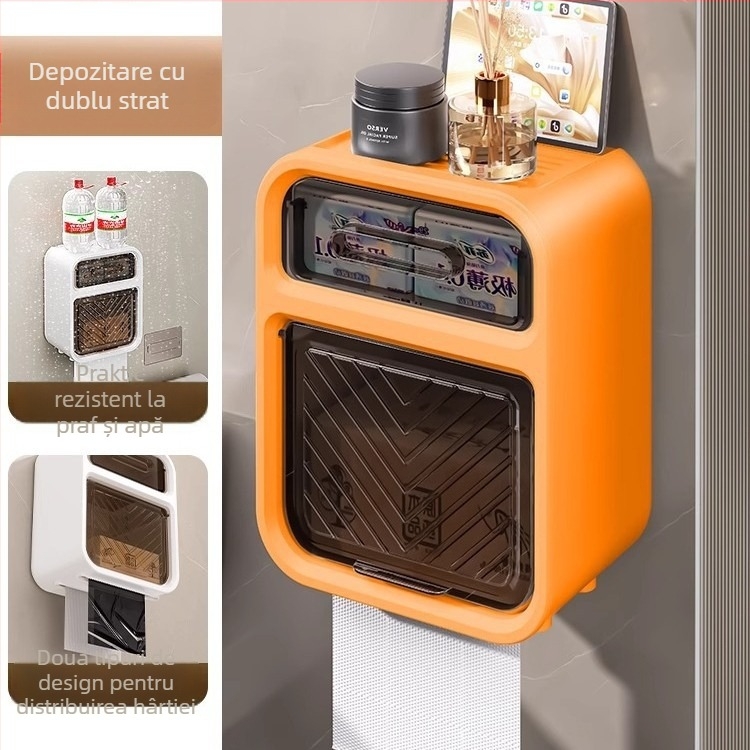 Cutie montată pe perete pentru hârtie igienică și suport pentru prosoape, din plastic, fără găuri, rezistent la apă, stil modern minimalist