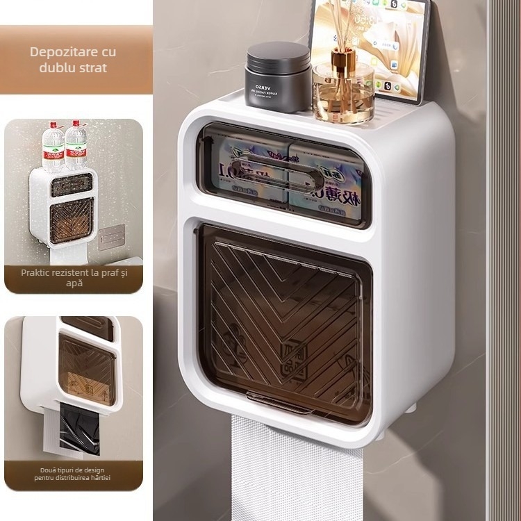 Cutie montată pe perete pentru hârtie igienică și suport pentru prosoape, din plastic, fără găuri, rezistent la apă, stil modern minimalist