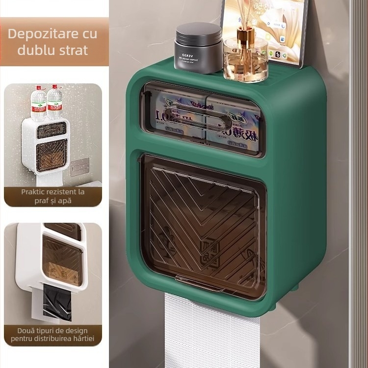 Cutie montată pe perete pentru hârtie igienică și suport pentru prosoape, din plastic, fără găuri, rezistent la apă, stil modern minimalist