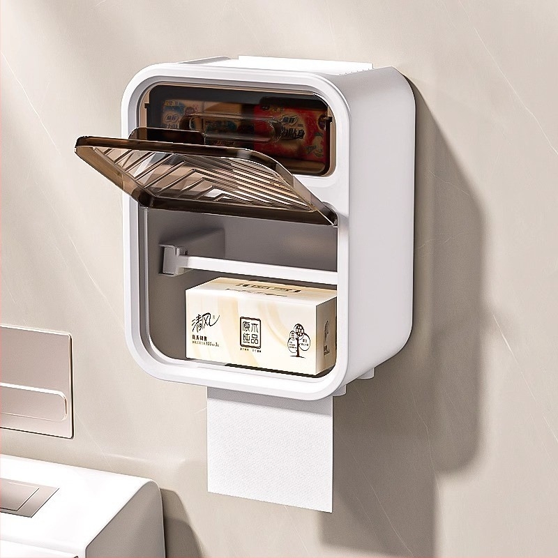 Cutie montată pe perete pentru hârtie igienică și suport pentru prosoape, din plastic, fără găuri, rezistent la apă, stil modern minimalist