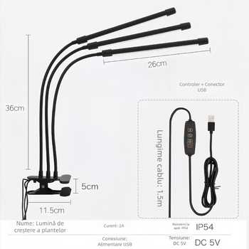 Lampă LED pentru creșterea plantelor cu clips, spectru complet, 5V intrare, IP45, Carcasă ABS