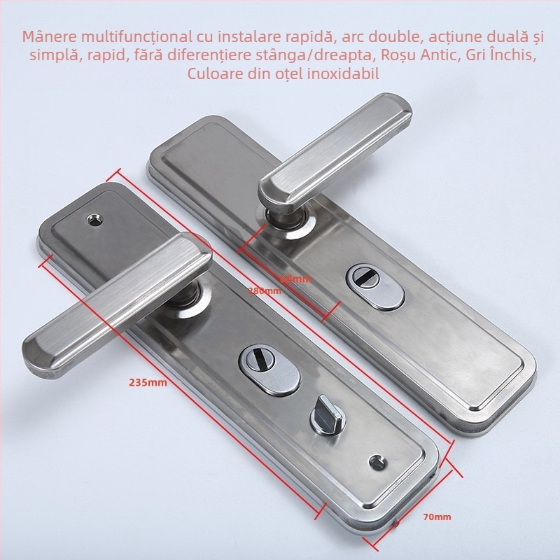 Mâner de ușă JT-002, corp din fier, mecanism de încuire cu nucleu, destinat ușilor antifurt, ne-standard și din oțel inoxidabil, stil modern minimalist, personalizare disponibilă