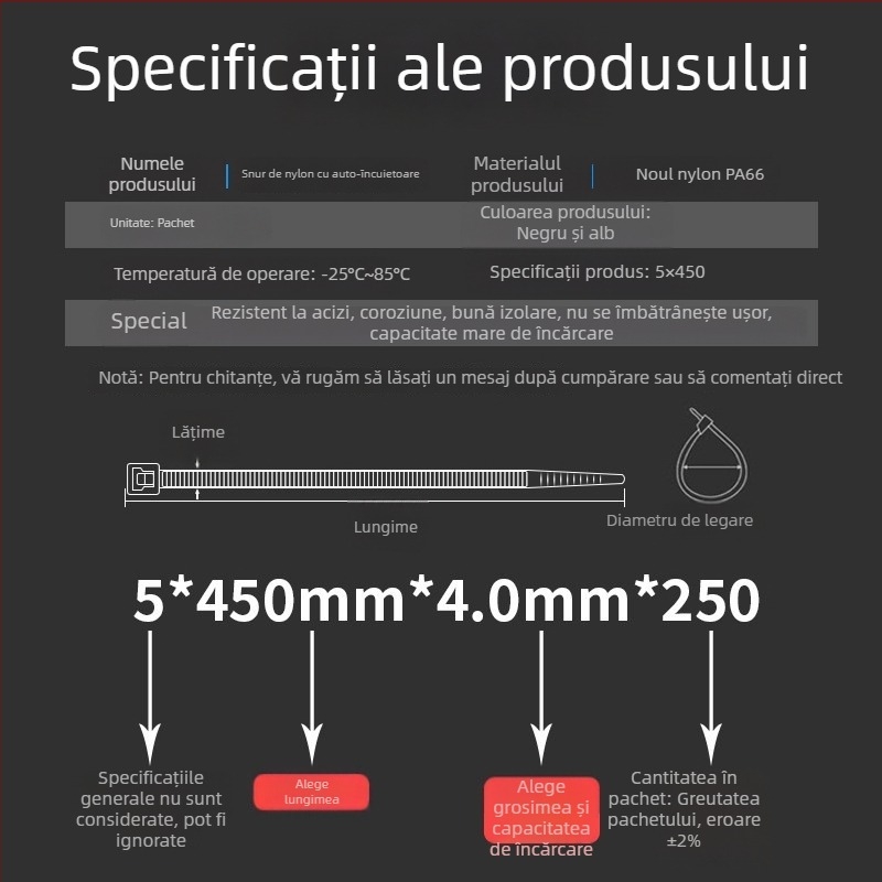 Legătură pentru cabluri din nylon, auto-blocantă, CHCC, PA66, grosime 1,1 mm, origine Zhejiang